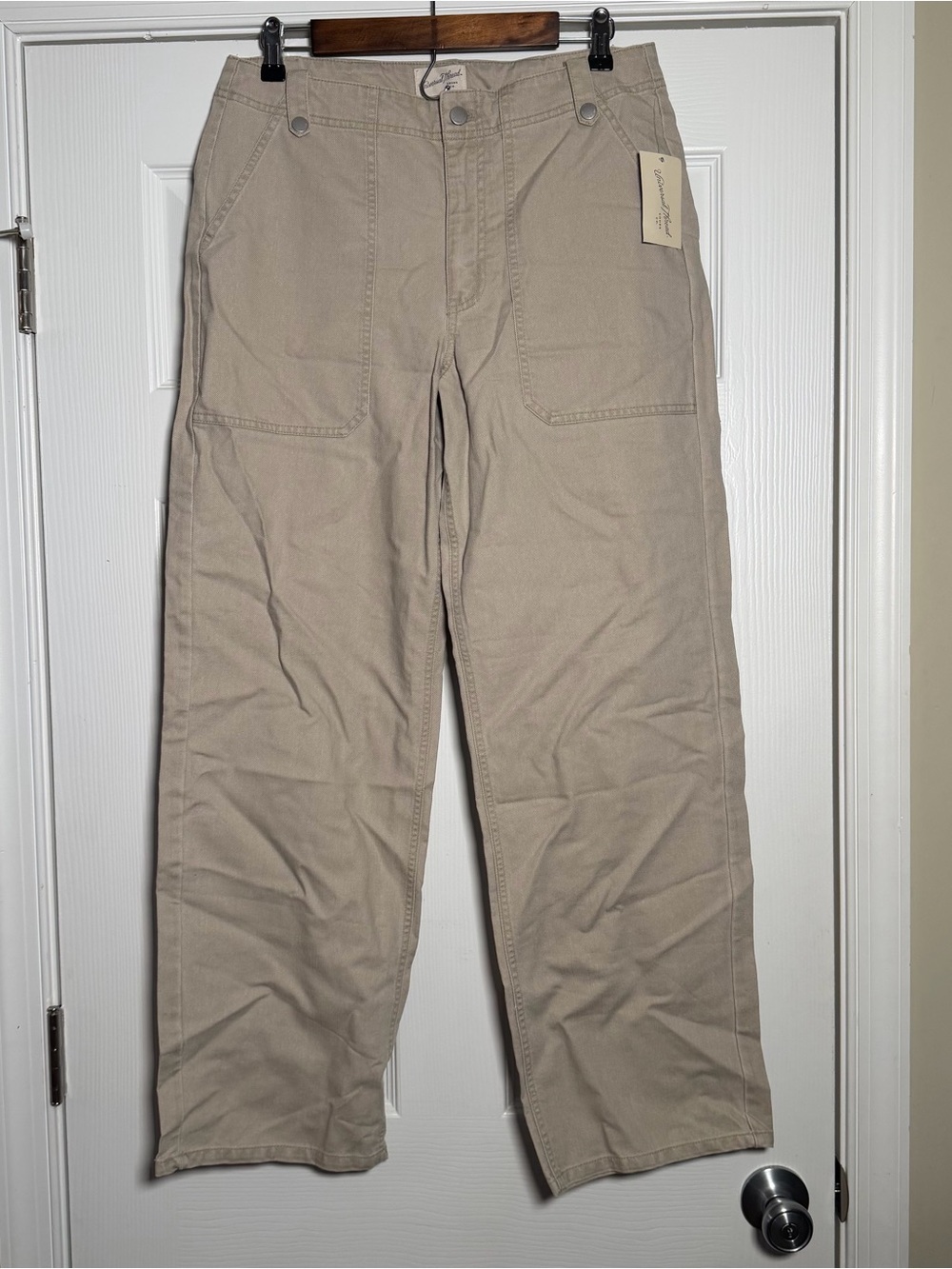 Khaki Wide Leg Pants Button Flap Back Pockets Neutral Everyday Carpenter Jeans